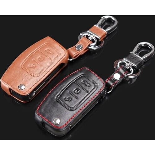 2016 High quality 100% Leather High Quality Keychain Ring Cover Case Cover for Ford Focus 2 MK2, 3 Key Bending Buttons