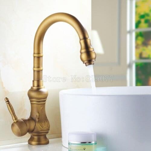 Free Shipping Kitchen faucet Antique Brass Bathroom Basin Faucet Swivel Spout Vanity Sink Mixer Tap Single Handle cocina KF24