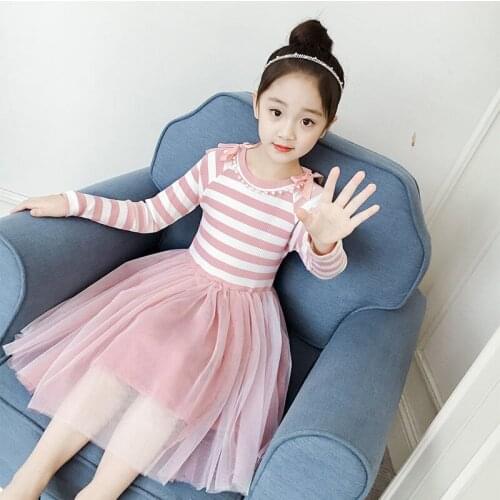 Baby Little Girls Lace Dress Long Sleeve Stripe Long Sleeve Dresses Princess Butterfly Children Clothes for 2 3 4 5 6 7 8 9Years
