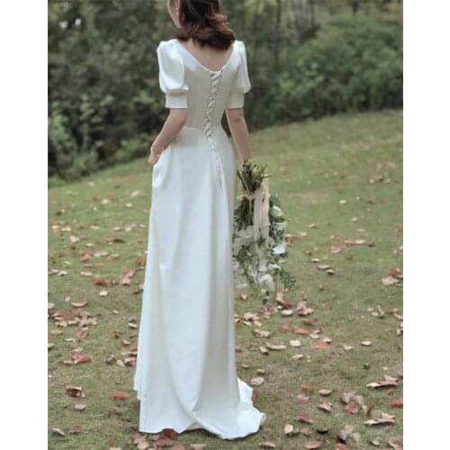 Elegant Soft Satin Boat Neck Short Sleeve A-line Vintage Sweep Train Lace-Up Wedding Gown Wedding Dress Bride robe de mariée