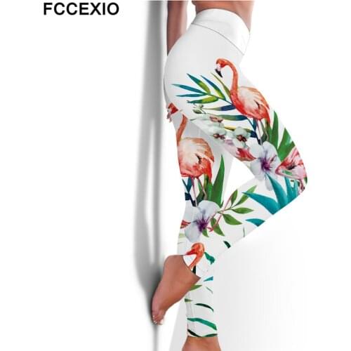 FCCEXIO High Waist Fitness Elastic Leggings Tropical Flamingos 3D Print Sexy Plus Size Leggins Casual Workout Sport White Pants