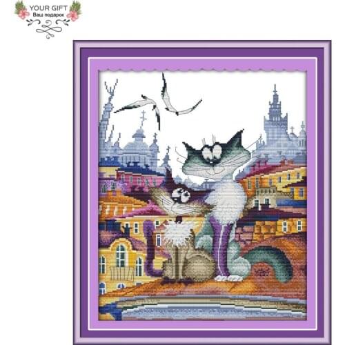Joy Sunday Counted and Stamped A Gorgeous City Cat Needlework Needlepoint Embroidery Cross Stitch kits for Home Decor K198