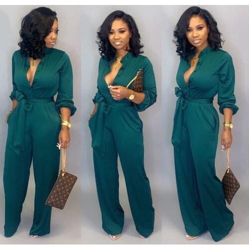 VAZN 2021 Hot Sales Solid Simple Casual Daily Overalls Full Sleeve Plus Size High-end Women Slim Wide Leg Jumpsuits