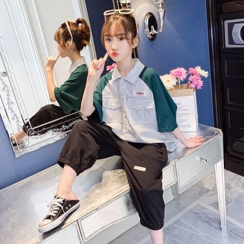2021 Summer Girl Striped Shirt Set 2 Pieces Capris Pants + Blouse Kids Clothes Meisjes Kleding Teens 12 14 Years Old Wear