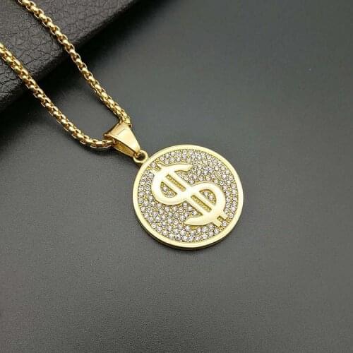 US Dollar Money round Necklace & Pendant 316L Stainless Steel/Gold Color Chain For Women/Men Rhinestone Hip Hop Bling Jewelry