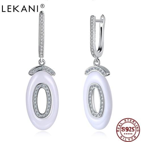 LEKANI 925 Sterling Silver Earrings For Women White Oval Letter O Shape Cubic Zirconia Ceramics Drop Earring Prom Fine Jewelry