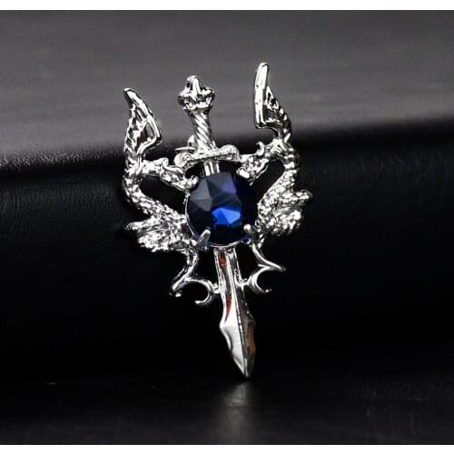 Fashion Silver Dragon Sword Brooch Blue Zircon Pin Pterosaur Business Suit Ornament Coat Decor Breastpin Collar Man Jewelry Gift