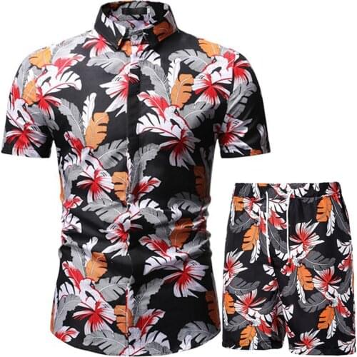 Fashion Men’s Summer 2-Piece Trun Down Collar Beach Floral Printed Hawaiian Short Sleeve Button Shirt Tops Shorts Casual Sets#g3