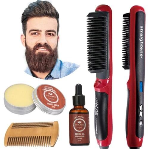 Men Electric Beard Straightener Multifunctional Hair Comb Brush Hair Straighten Quick Hair Styler With Beard Cream Wooden Comb