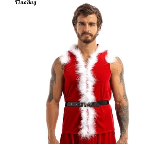 Men Christmas Derss Up Cosplay Costume Velvet Hooded Coat Sleeveless Faux Fur Trimming Press Buttons With Leather Waistband