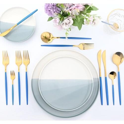 JANKNG Stainless Steel Blue Gold Cutlery Set Dinnerware Set Gold Silverware Tableware Fork Knife Spoon Christmas Gift Service 6