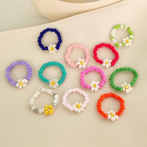 New Cute Transparent Resin Acrylic Handmade Beaded Ring Boho Colorful Geometric Flower Beads Chain Rings Y2K Jewelry for Women