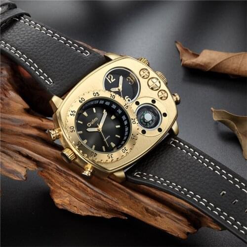 Oulm 9865 Two Time Zone Antique Watch Casual Leather Strap Wristwatch Male Quartz Clock Unique Mens Watches Dropshipping