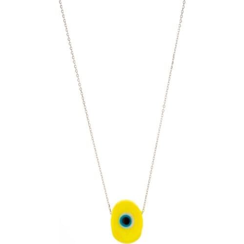 Yellow Evil Eye Hand Job Glass Engraved 925 Sterling Silver Chain Lady Avşar Necklace 10-15 Mm
