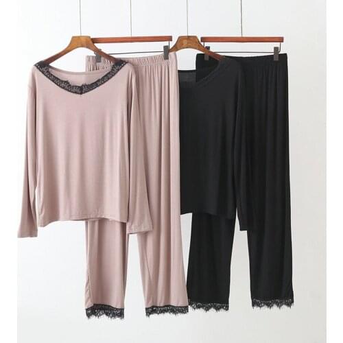 Fdfklak Modal Pajamas Suits Fresh Home Clothes Sleepwear 2021 Spring Summer New Long Sleeve Solid Color Lace Nighties