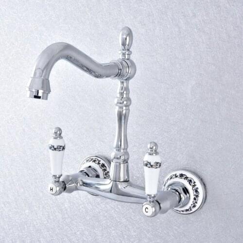 Polished Chrome Wall Mounted Kitchen Bathroom Sink Basin Faucet Tap Dual Handle Swivel Spout Hot Cold Water Tap Lsf770