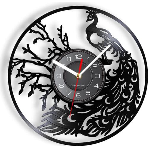 Proud Bird Peacock With Feather Out Wall Art Modern Wall Clock Whimsical Vinyl Record Wall Clock Retro Decorative Wall Watch