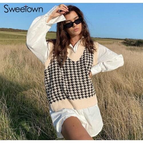 Sweetown Houndstooth Knitted Oversized Womens Sweater Vest Vintage Preppy Style Clothes V Neck Casual Loose 90s Knitwear Autumn