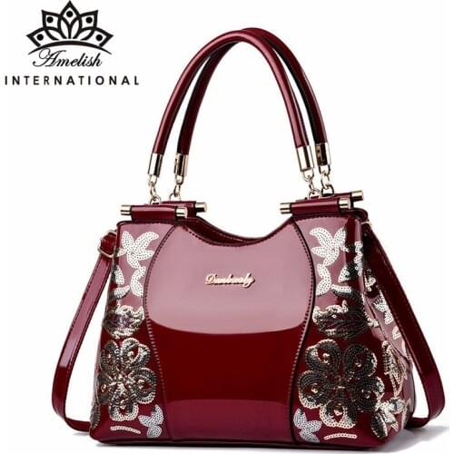 AMELISH High Quality Patent Leather Casual Totes for Women Fashion Brand Designer Flower Embroidery Ladies Evening Wedding Bags