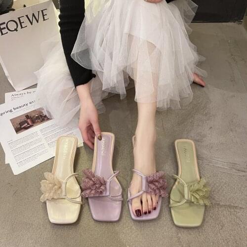 2021 Summer New Style Fairy Wind Fashion Slides Women Outside Square Heel Shallow Solid Ruffle Bohemia Low (1cm-3cm) Beach PU