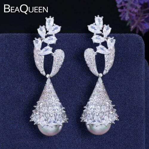 BeaQueen Delicate Micro Paved Cubic Zirconia Stones Long Dangling Drop Pearl Earrings for Women Jewelry Wedding Accessories E365