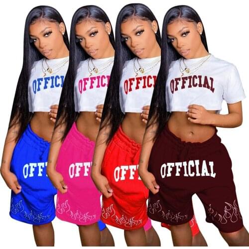 Womens Letter Printed 2 Piece Set Crop Short Sleeve T Shirt + Biker Shorts Two Piece Sets Casual Womens Sports Tracksuit