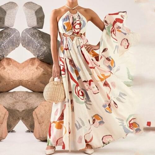 2021 Fashion New Print Hollow Out Sexy Beach Dress For Women Halter Sleeveless High Waist Slim Patchwork Maxi Dresses Female