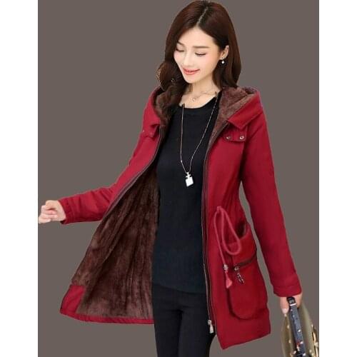 Winter Coat Women Fashion Slim Long sleeve Warm Outerwear Plus velvet Thick Cotton Hooded Coats Solid color Casual Female Jacket