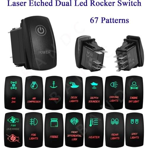 Car Boat Marine Push Switches 5P SPST ON-OFF Laser Etched Toggle Switches for ARB Carling NARVA 4×4 Style， GREEN&RED LED Lights