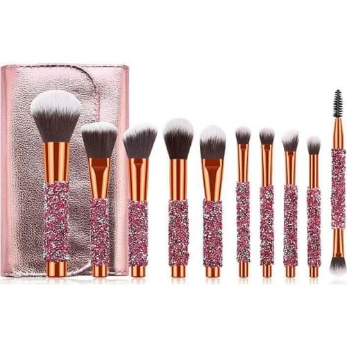 10pcs Rose golden Glitter Handle crystal diamond foundation brush set with PU bag makeup brushes