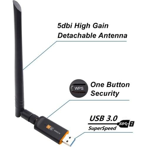 1200Mbps USB3.0 Wireless Wifi Adapter 2.4/5Ghz Dual Band Network Card WPS 5dBi Antenna High Speed for Mac OS Window Vista