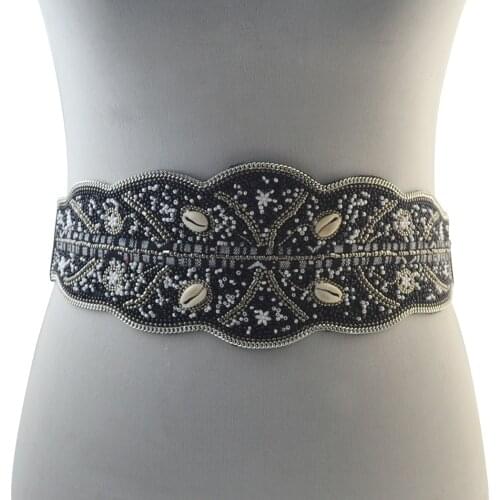 Bohemian Ethnic Bead Shell Flower Patchwork Decoration Wide Belly Belt Fashion Stone Pu Leather Stretch Belts Body jewelry Women