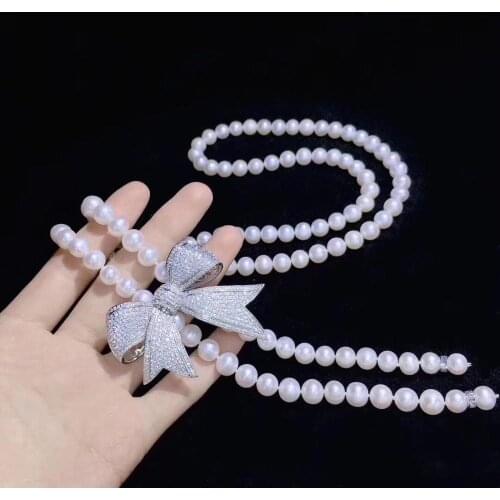 Large bow shining zircon pendant long pearl necklace for women party luxury jewelry necklace holiday gift