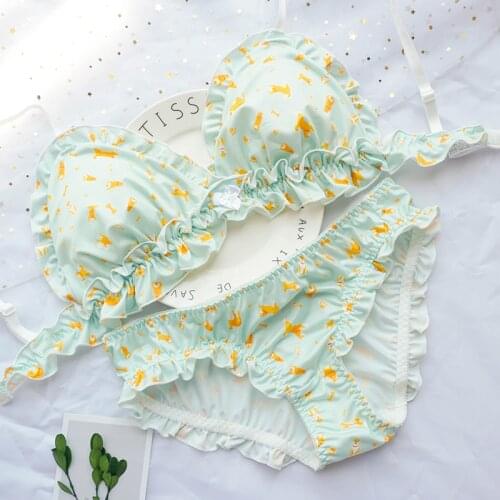 Super Cute Pink Anime My Melody Pattern Sweet Lace Bow Flouncing Underwear Set No Rims Bra Japanese Sexy Bra & Panties Set