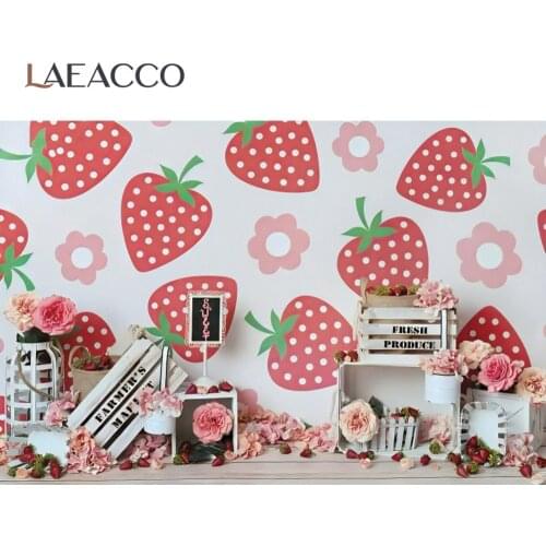 Laeacco Sweet Strawberry Pattern Wall Fresh Produce Blooms Flower Baby Shower Birthday Party Photo Background Photo Backdrops