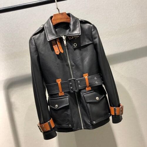 Spring And Autumn Women Coats Real Leather Jacket Female Mid-Length Slim Waist Genuine Sheepskin Leather Coat Windbreaker