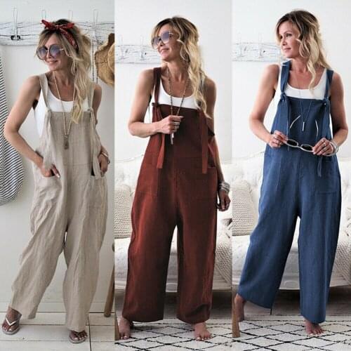 Hot Sale Fashion Women Dungaree Cotton Linen Jumpsuit Playsuit Baggy Romper Trousers Plus Size Solid Loose Jumpsuits Costume
