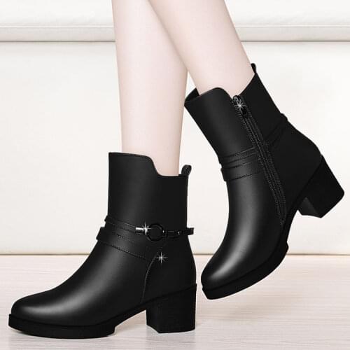 Fashion classic Leather black Boots Woman shoes Winter Warm Ankle Boots For Woman High Quality Waterproof High heel Boots