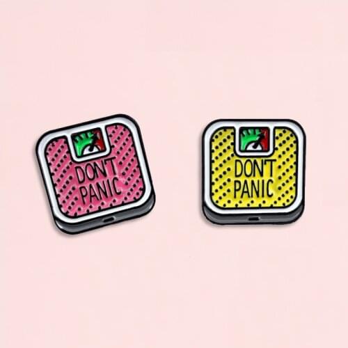 Fashion Trendy" Don't Panic " Body Weighing Scale Excessive Weight Enamel Lapel Pins Brooches Jewelry Red/Yellow Scale Brooch