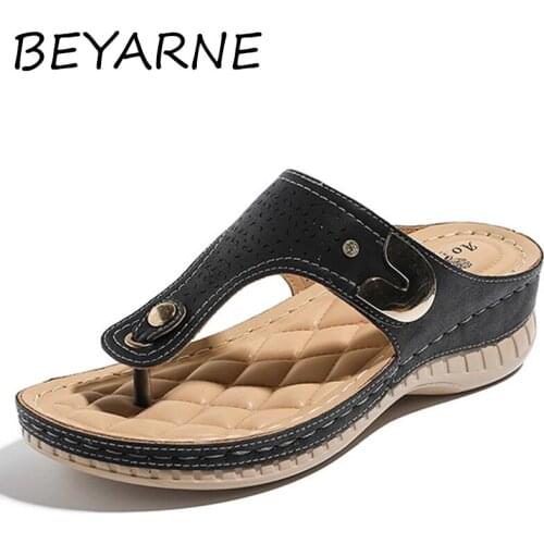 BEYARNE Fashion Embroidered Slippers Women Summer Open Toe Wedges Comfort Beach Shoes Mujer 2021 Outdoor Thick Bottom Slippers