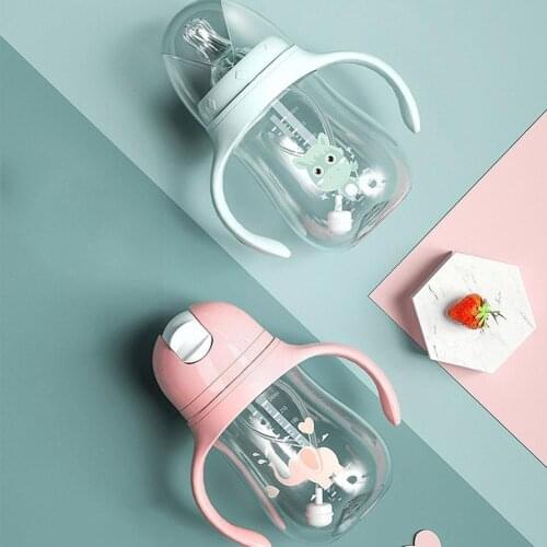 180ML/300ML Cartoon Feeding Bottle Double Handles Wide-caliber Drop-proof Baby Cup Bottle Straws Water Duckbill With A7Z2