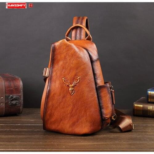 Vintage Genuine Leatehr Men Chest Bag Messenger Bag Fashion Casual Hand Ladle Mens Shoulder Bag Male Small Chest Bags Soft Flap