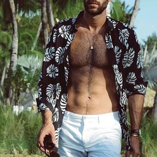 Mens shirt black maple leaf printing long sleeve leisure top fashion