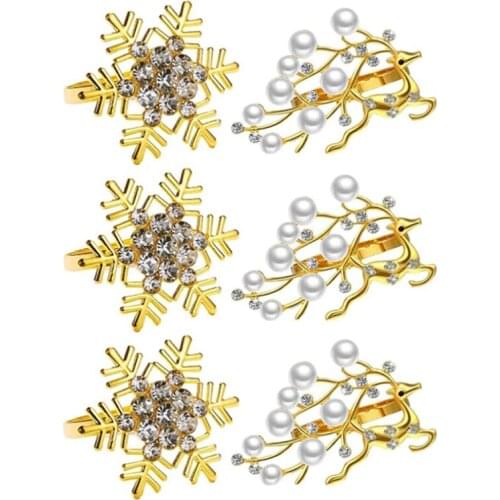 Gold Napkin Rings Set of 6, Christmas Deer and Snowflakes Napkin Rings for Christmas Holiday Party Wedding