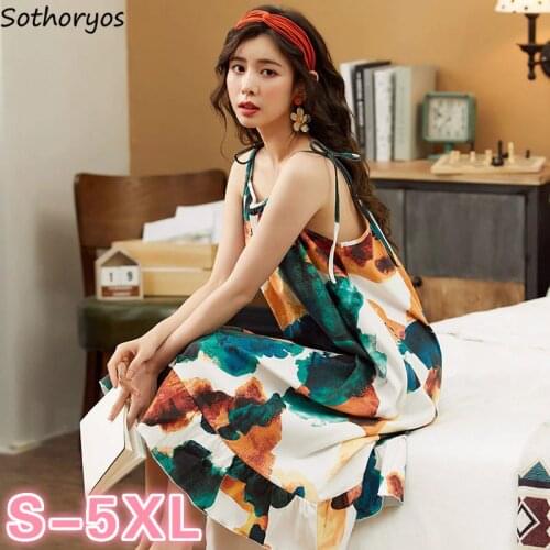 Nightgowns Women Oversize 5XL Korean-style Strappy Printed Sleep-shirts Summer Cotton Sleeveless Nightwear Female Skin-friendly