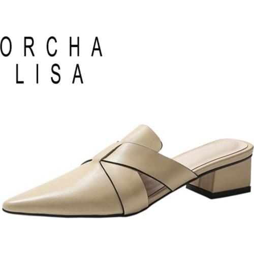 ORCHA LISA 2021 Slippers Half Heel Shoes Mules Patchwork Pointed Toe Slingbacks 3.5cm Chunky Heel US9 Green Beige Apricot A4326