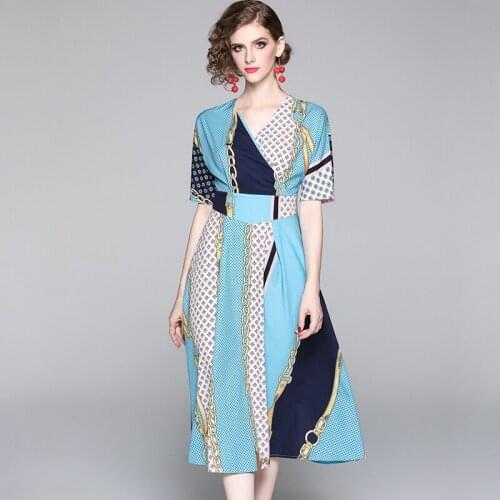 New Office Lady Dress Women Autumn New Elegant V-neck Vintage Print Dresses OL Mid-calf Casual Party Work Vestido k5156