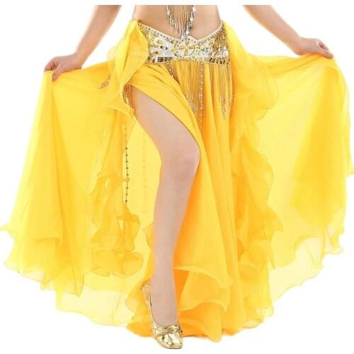 Plus Size Solid Color Belly Dancing Skirt Woman Chiffon Split Sexy Gypsy Spanish Flamenco Oriental Ethnic Performance Costumes