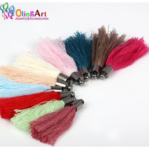 OlingArt 40mm 6pcs Silk Satin Gun black Caps Charm Tassel Necklace Earring DIY Jewelry Making Straps Keychain Pendants 2019