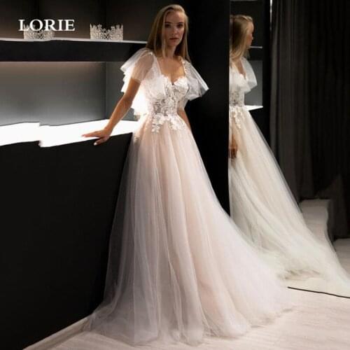 LORIE Beach Wedding dresses A Line Appliqued Lace Boho Wedding Gown Puffy Tulle Corset Bride Dresses 2021